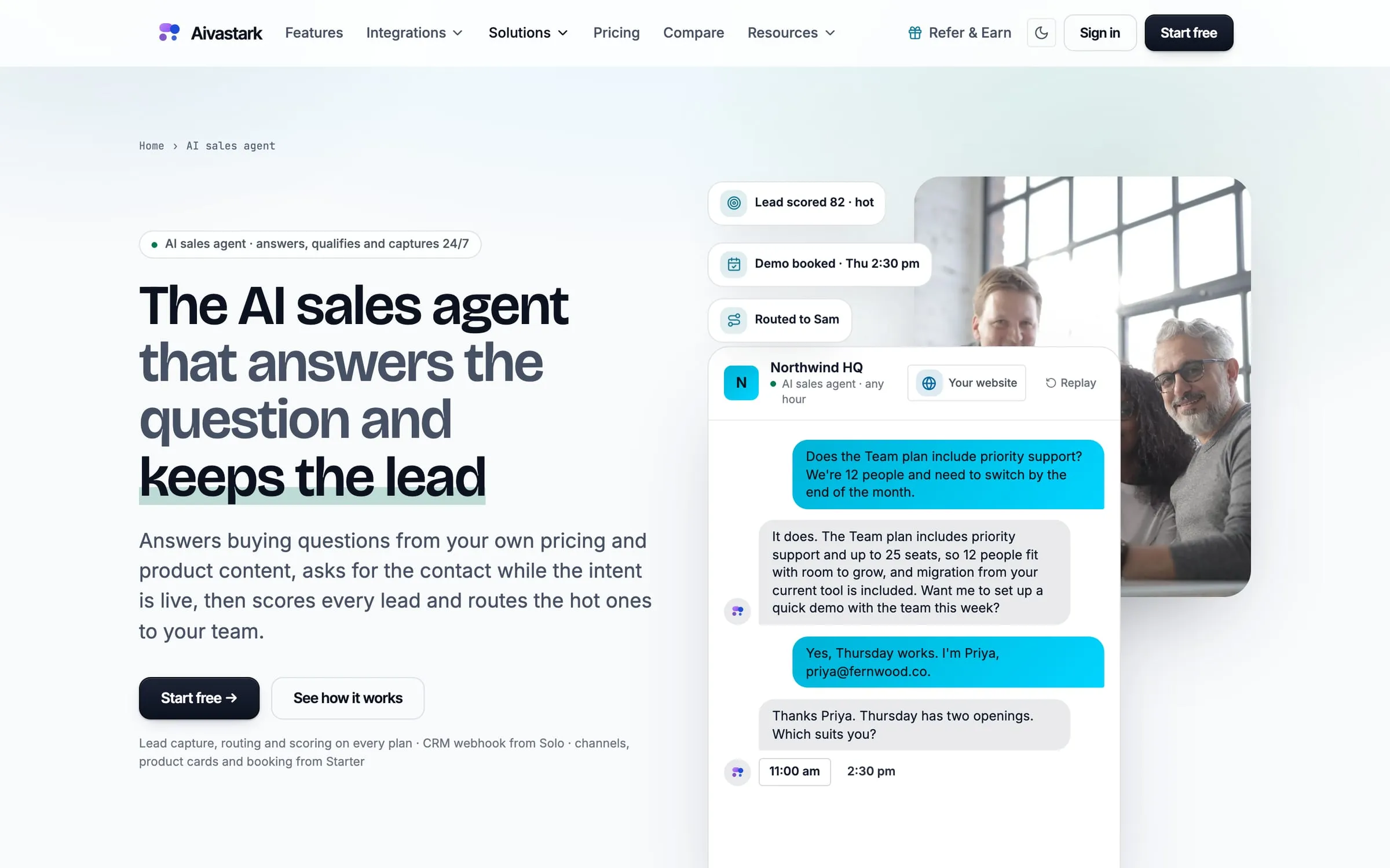 Aivastark AI sales agent answering a pricing question and scoring the lead.