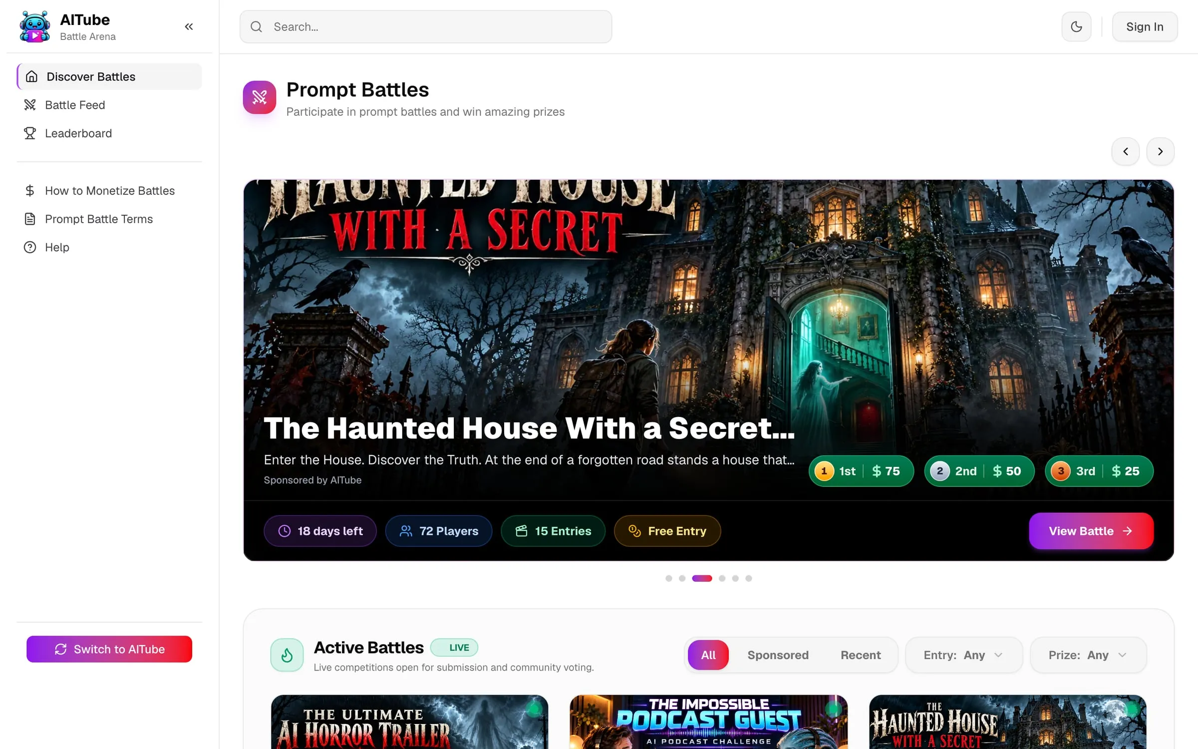 AITube Prompt Battles with a featured horror trailer battle.