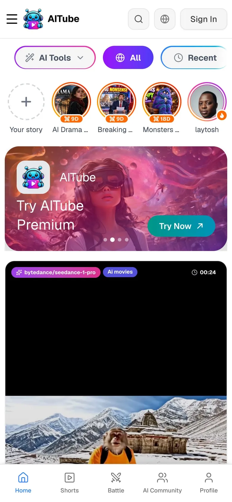 AITube on a phone: stories and the AI video feed.