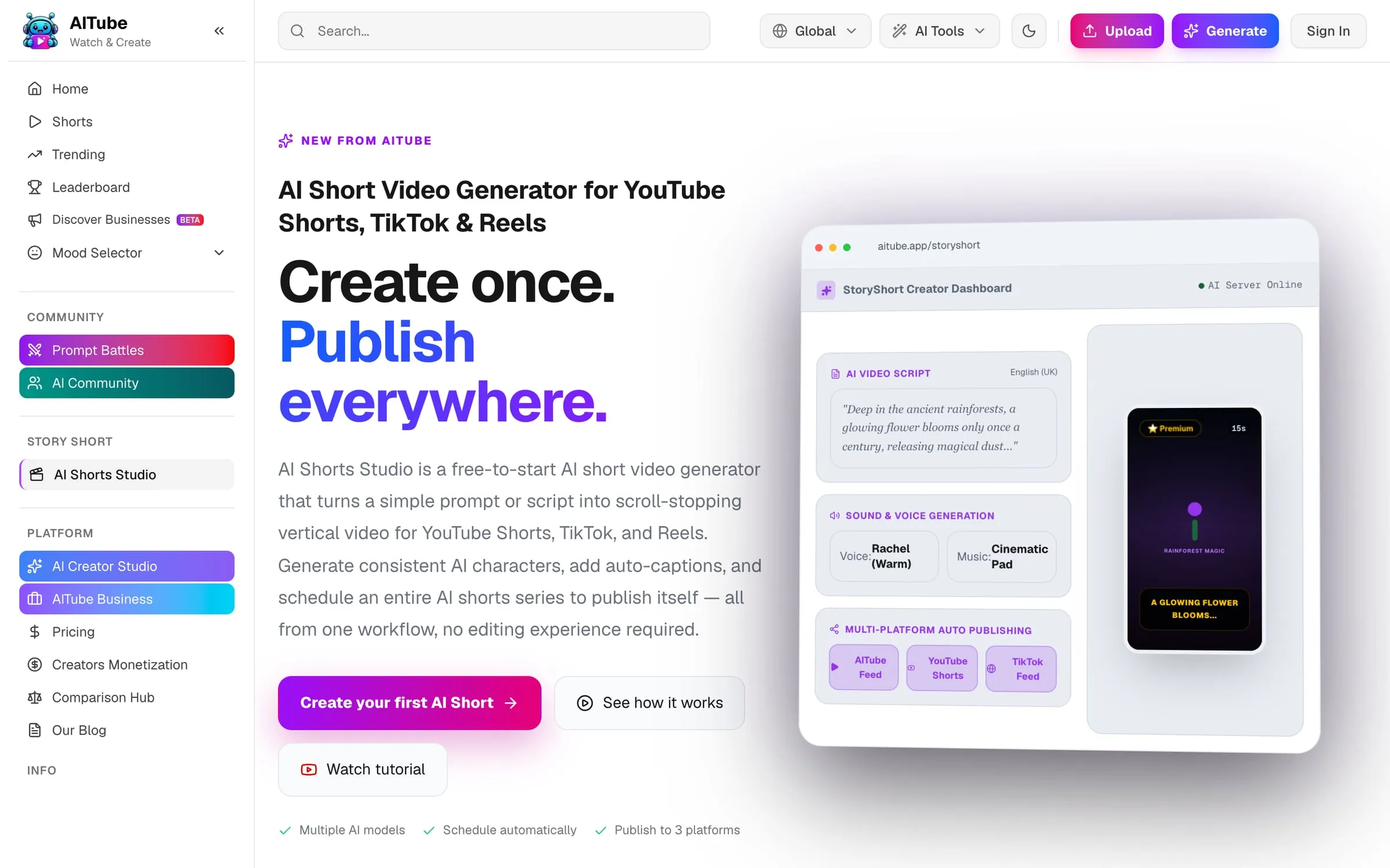 AITube AI Shorts Studio: create once, publish everywhere.