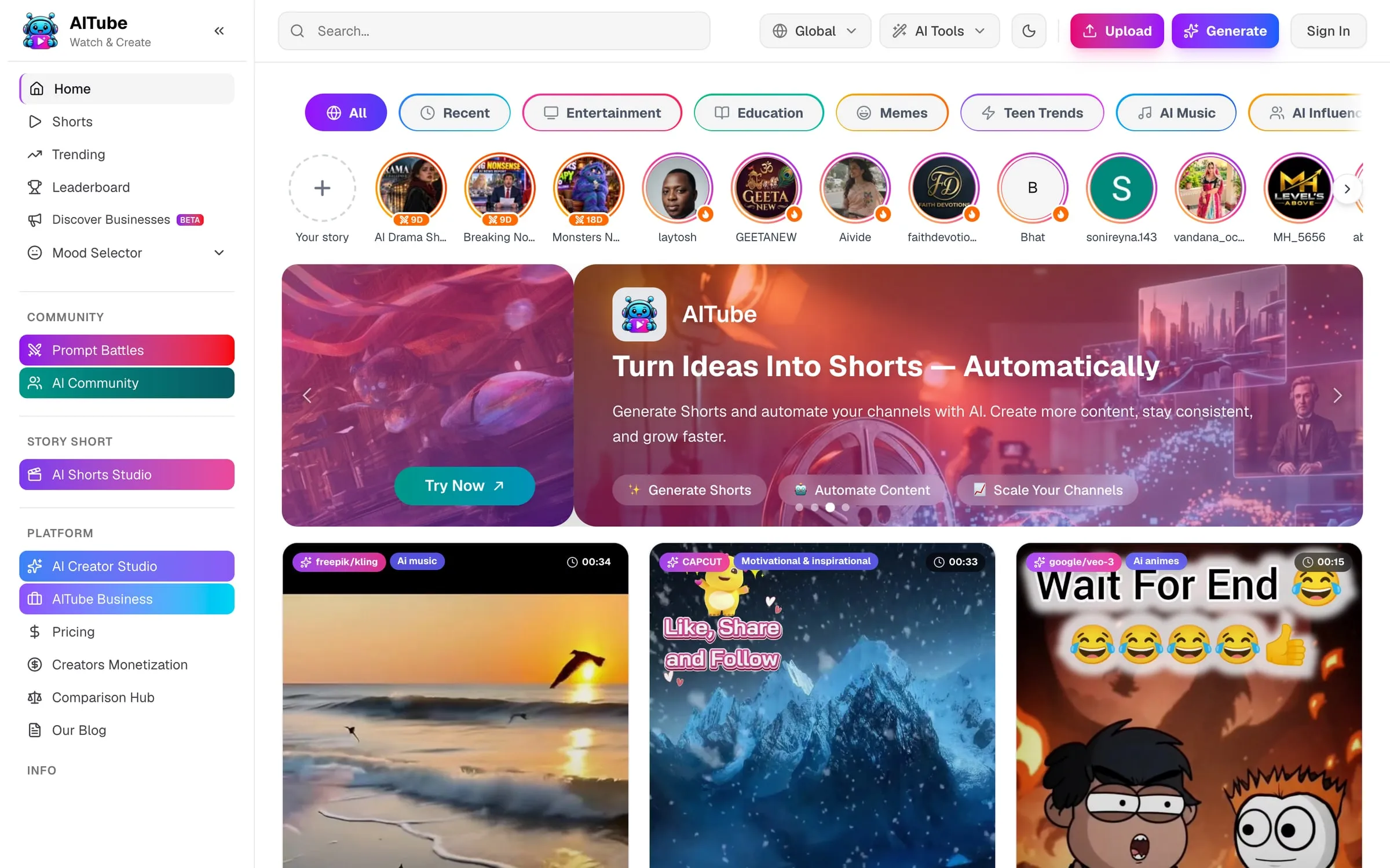 The aitube.app home page with the AI video feed.