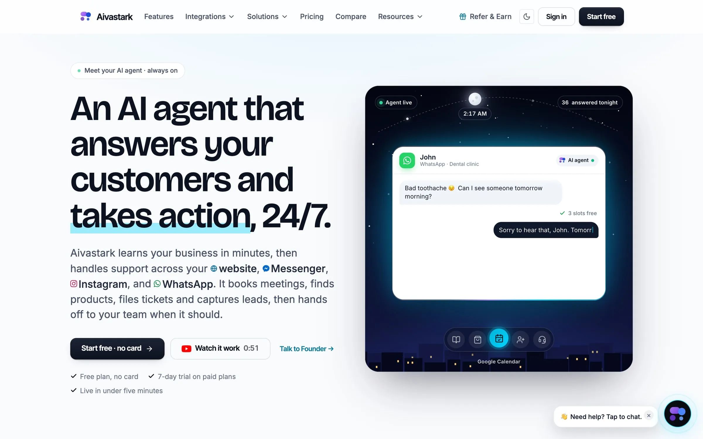 The aivastark.com landing page: an AI agent that answers your customers and takes action, 24/7.